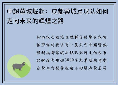中超蓉城崛起：成都蓉城足球队如何走向未来的辉煌之路